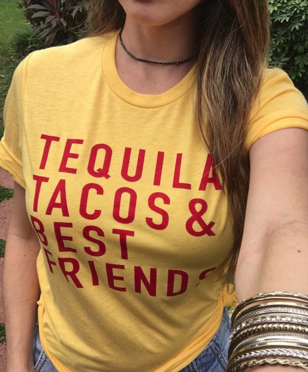 Women Unisex Tee Top Wine Lover Drinking Graphic Yellow Grunge Tees Tequila Tacos and Best Friends T Shirt Funny