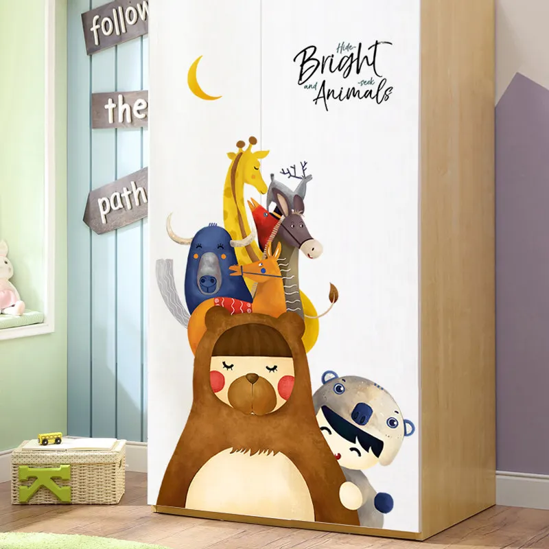 Мультяшный медведь Жираф 3D Наклейка на стену забавные двери окна холодильника