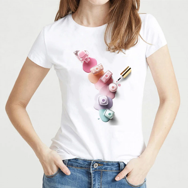 Модные Забавные футболки для женщин футболка с акварельным лаком ногтей Женская