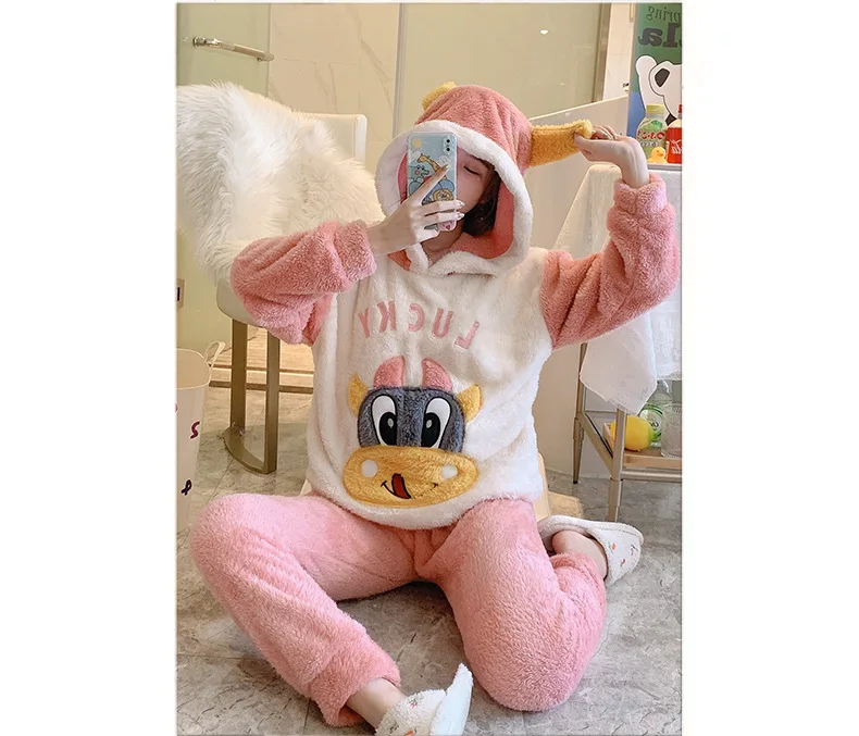 Pijamas Kawaii de felpa gruesa para padres e hijos, ropa de franela de manga larga para mantener el calor, bonita, de dibujos animados, para el hogar y la familia, Invierno-0
