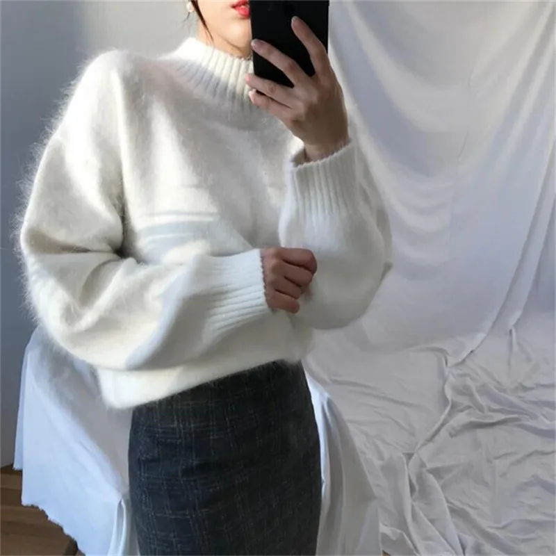 Mink Cashmere Sweater Women Hairy Knitted Winter Jumper Korean Oversized Harajuku Elegant Pullover Loose Turtleneck 2019 | Женская