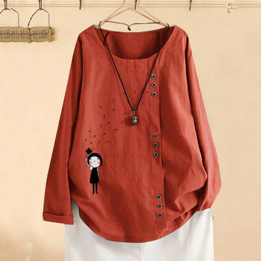 Женская блузка размера плюс с длинным рукавом из хлопка и льна круглым вырезом