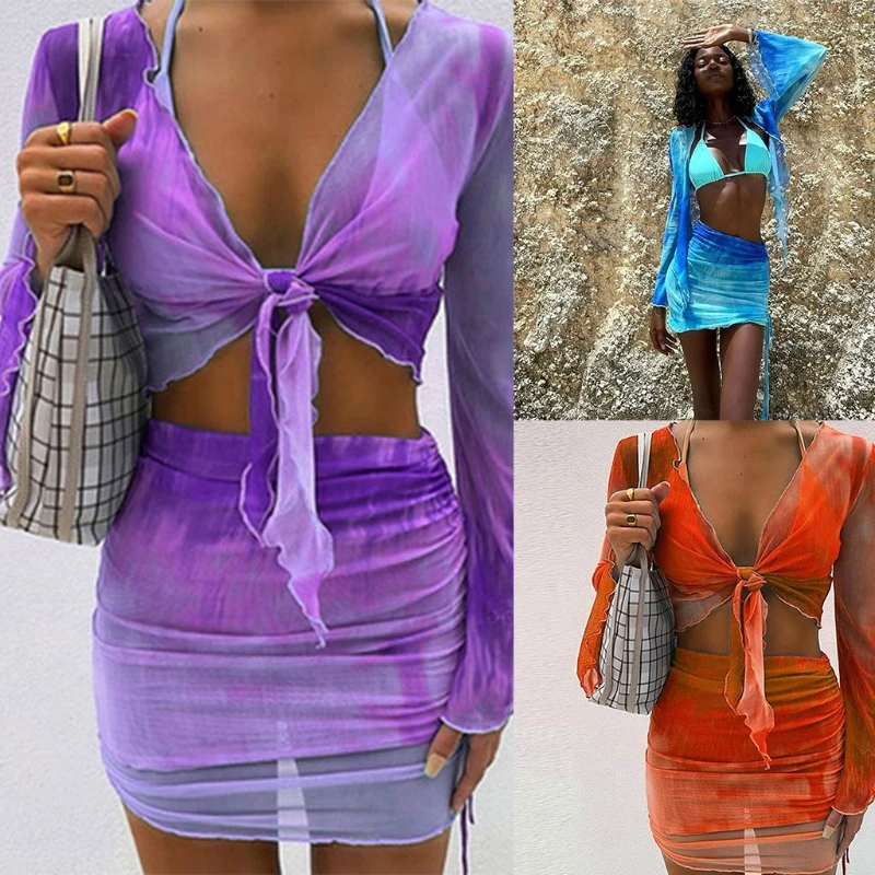 

Женский прозрачный сетчатый купальник из 2 предметов, комплект с накидкой, укороченный топ с длинным рукавом и узлом, облегающая юбка с рюша...