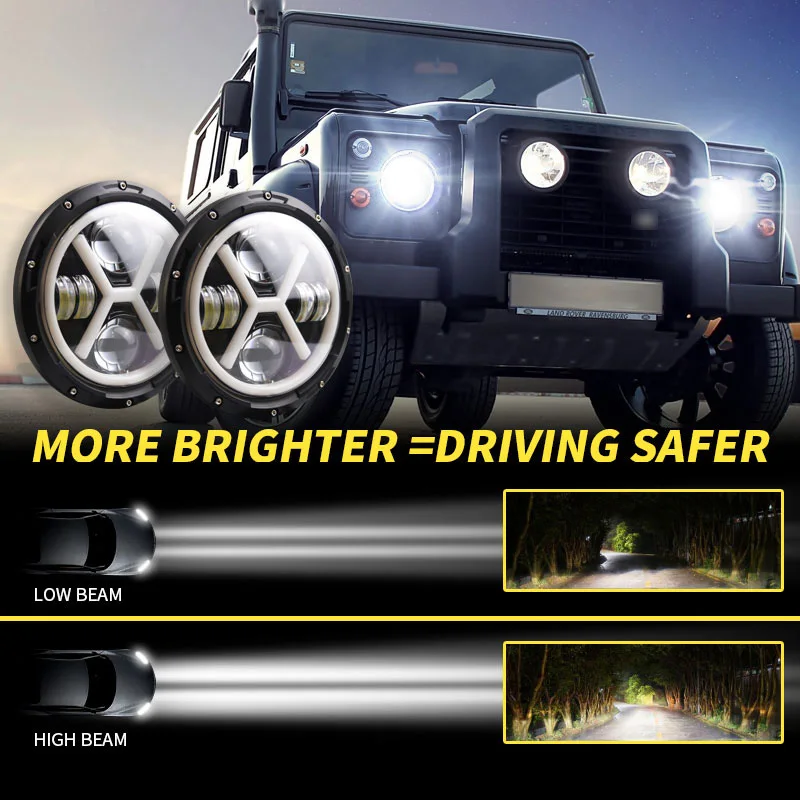 

500W Car 7 Inch IP67 LED Round Headlight with Hi/Lo Beam Amber Turn Signal Daytime Running Light for Jeep Wrangler CJ JK 07-16