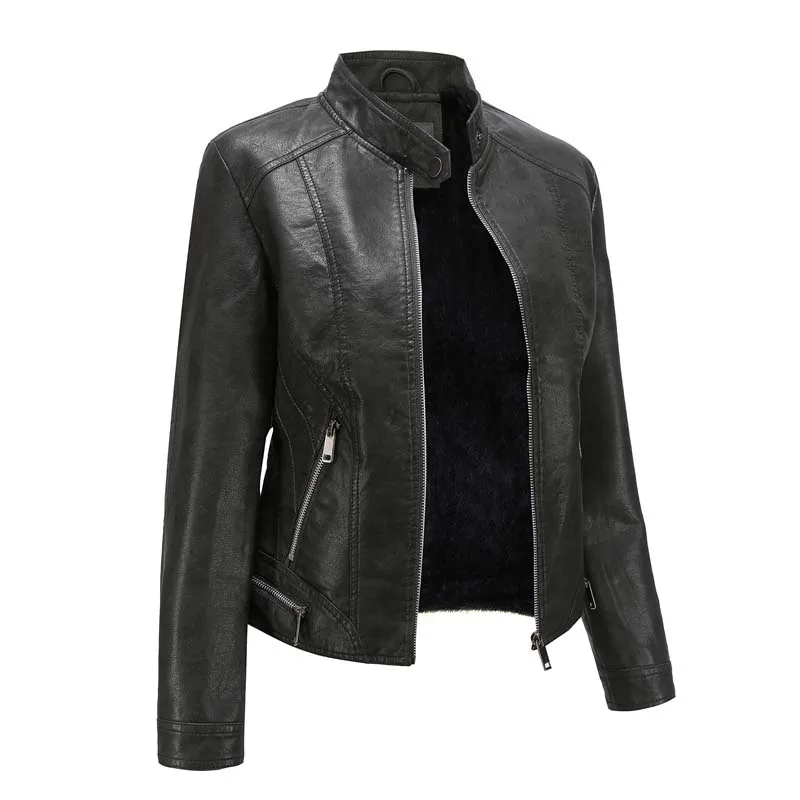 2021 Autumn Winter Faux Leather Jackets Women Long Sleeve Plus Velvet Zipper Leather Blazer Female Oversized Outerwear Wild