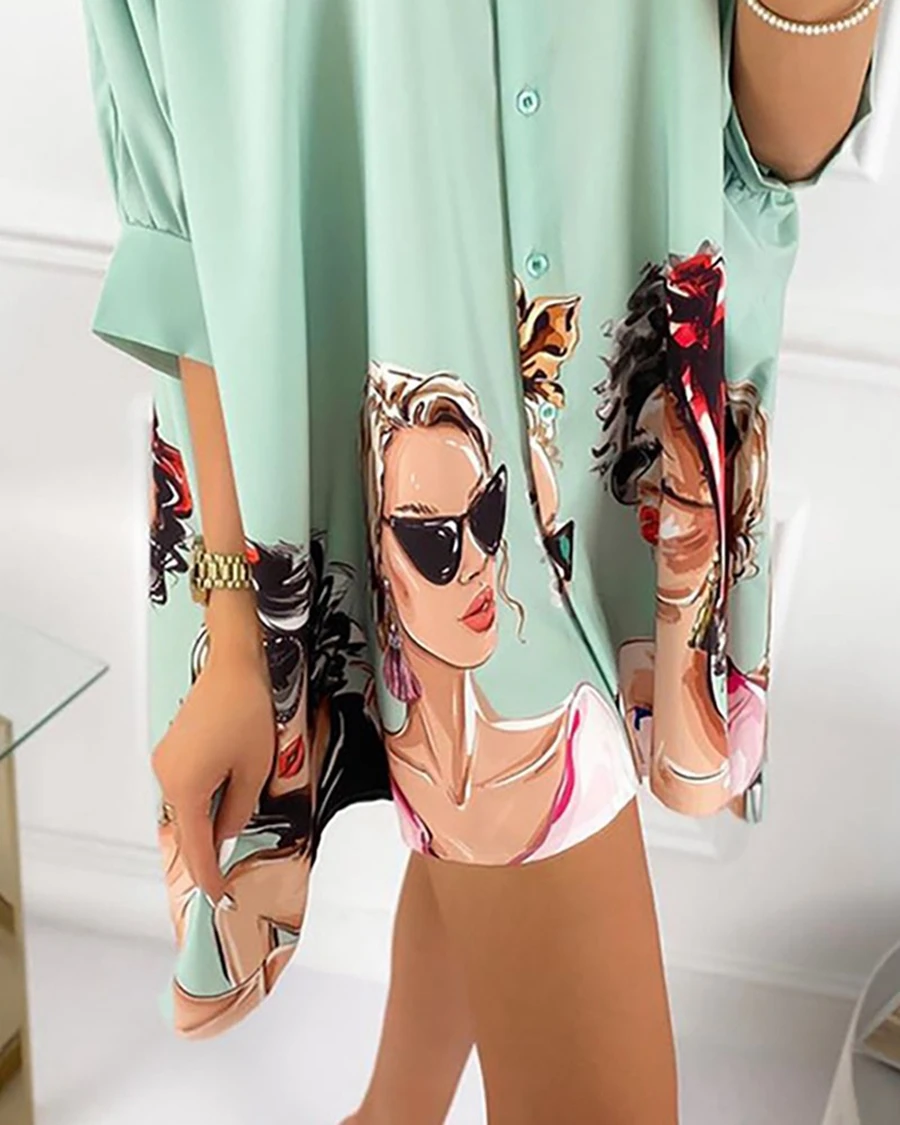 

Elegant Woman Spring Blouses Shirts Office Lady Blouses Tops Button V-Neck Long Sleeve Plus Size 2XL Cartoon Print Casual Tops