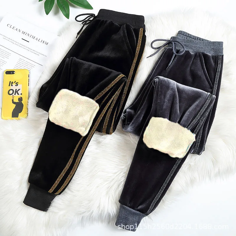

Autumn Winter Trousers Women Cashmere Thicken Pants Casual Black Sport Sweatpant Ladies Side Striped Oversize Loose Long Pants