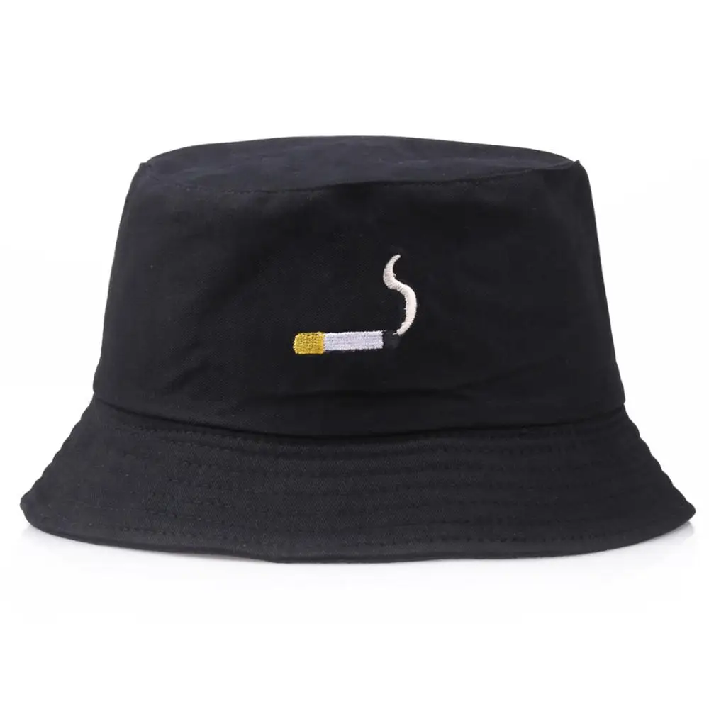 

Cigarette Embroidery Summer Bucket Hats Women Men Black Panama Bucket Hat Harajuku Fishing Fisherman Bob Hats Hip Hop Flat Caps