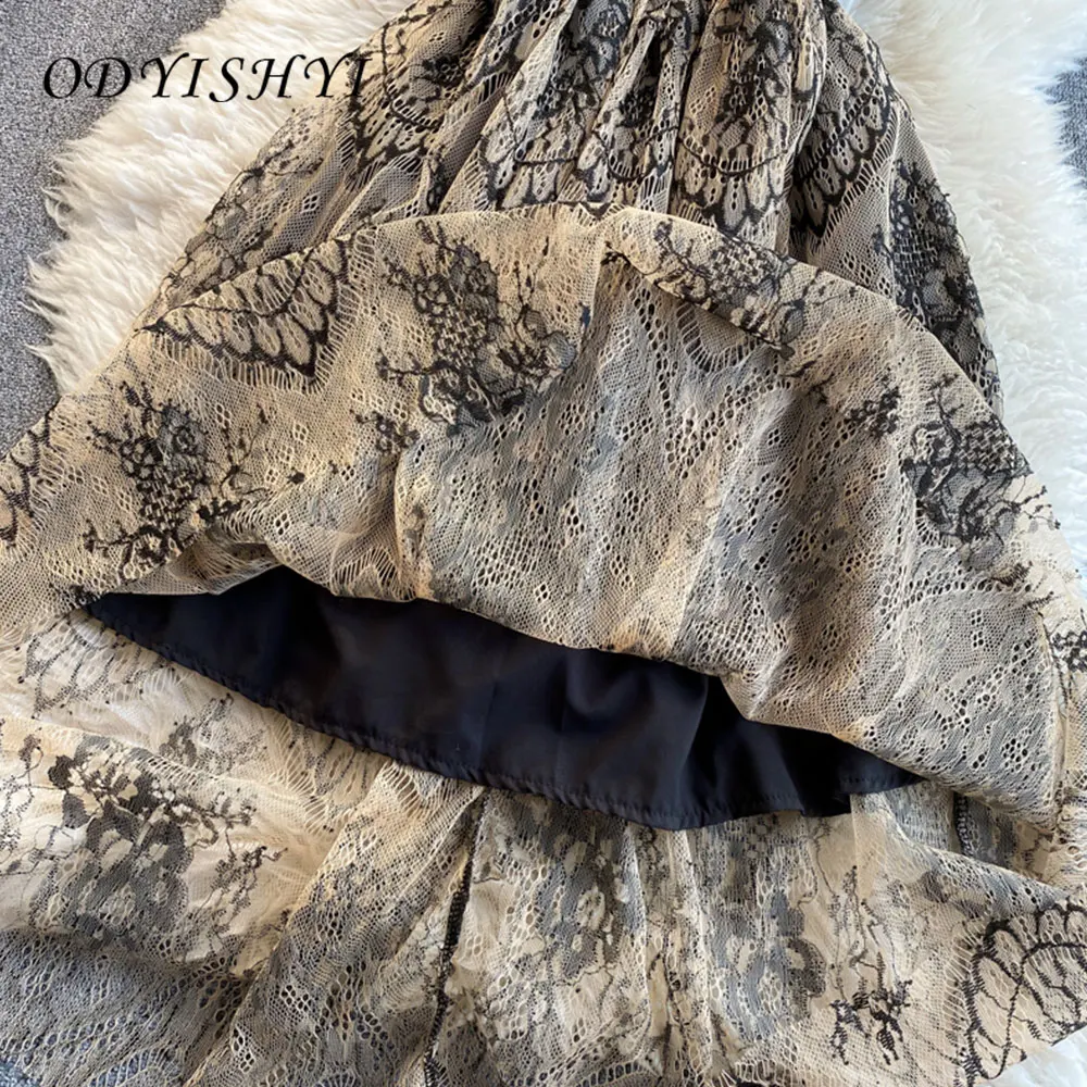 

France Vintage Women Dress Black Lace Gauze See Through Round Neck Short Sleeve Slim Maxi Dress Female 2021 Summer Vestido VT49