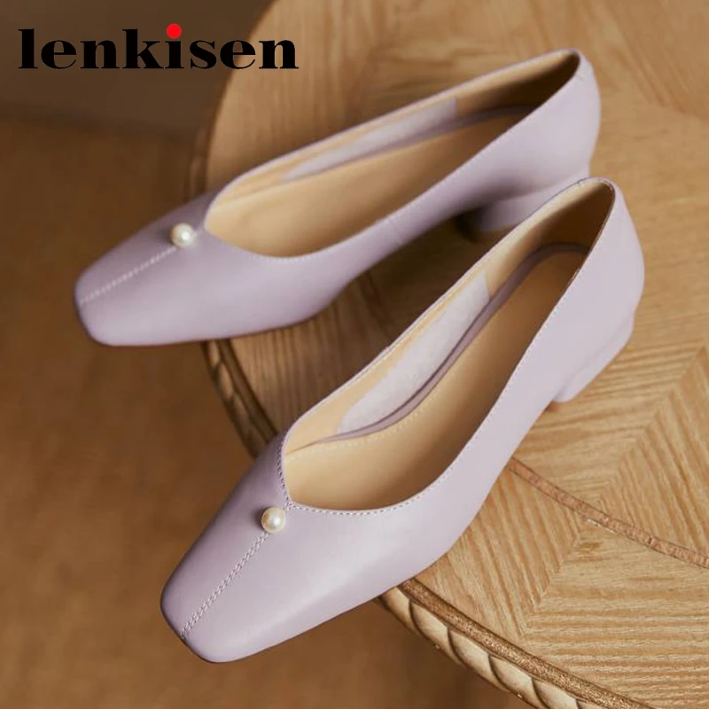

Lenkisen grandma shoes natural cow leather low heel square toe pearl purple color lovely cozy convenient shallow women pumps l56