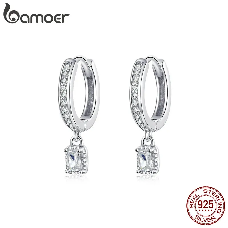 

Женские серьги-кольца BAMOER, из серебра 925 пробы с подвесками, с фианитами, ювелирное изделие Свадьба Помолвка
