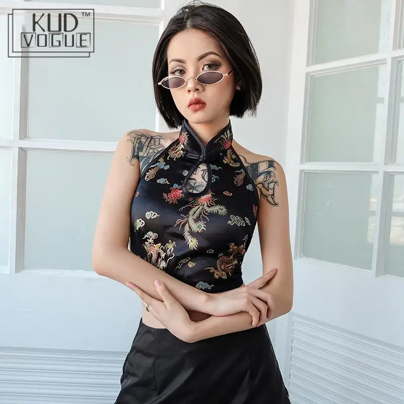 Женский винтажный жилет на бретельках черный с вышивкой в виде Драконов | Женская