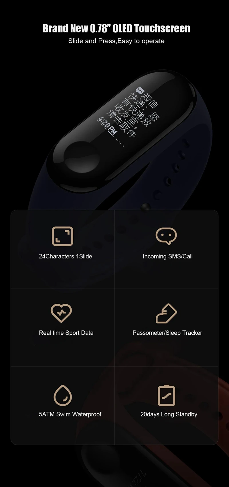 Фирменный Xiaomi mi браслет 4 браслет mi Band 4 фитнес-браслет 3 цвета AMOLED экран музыкальный контроль Smartband