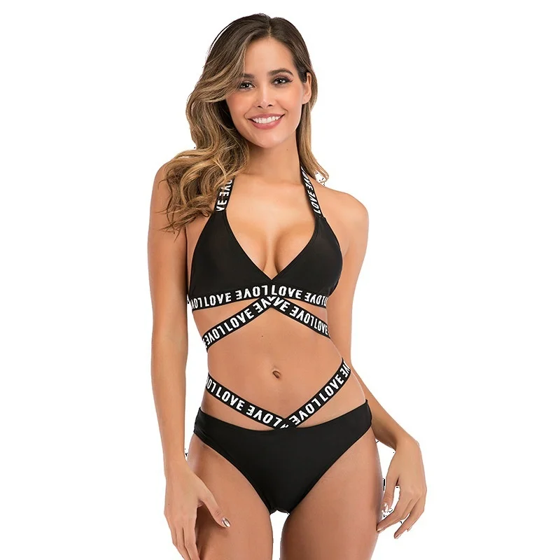 

2020 swimsuit sexy printed ribbon split Bikini Swimsuit