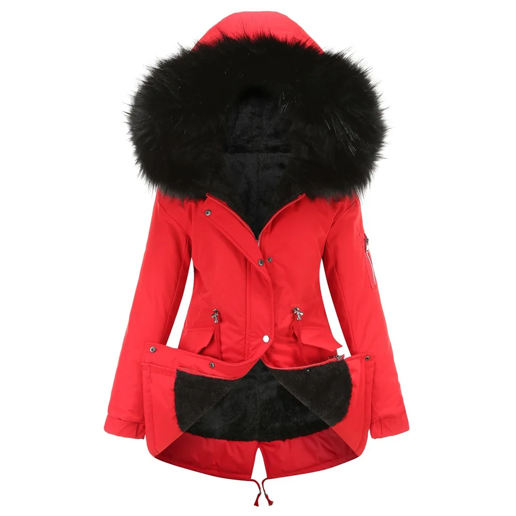 Large Fur Collar Thickened Women's Cotton-padded Jacket Mid-length Hooded Winter Warmth Plus Velvet Coat Thick Female Outerwear