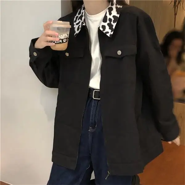 

Women's Jacket Cow-stripe Turn-down Collar Pocket Decoration Long Sleeves Loose Coat Wholesale 2021 New Fashion Lady Clothing
