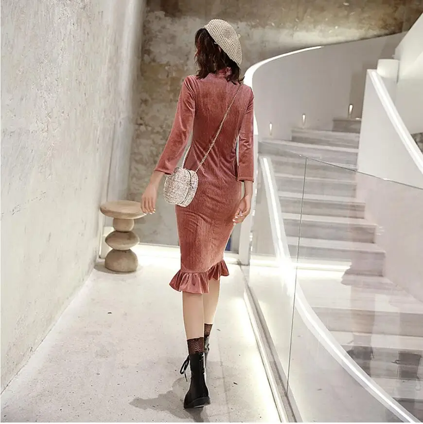 Новое поступление элегантный зима весна бархат, велюр женское платье qipao длинный рукав Традиционный китайский современный Чонсам плюс размер