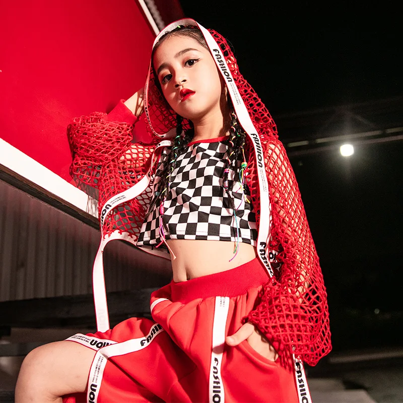 Новый костюм для джазовых танцев уличная одежда девочек красное Сетчатое пальто
