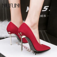 niufuni pumps pointed profession females stiletto high heels metal plating womens shoes slip on suede elegant office work shoes
