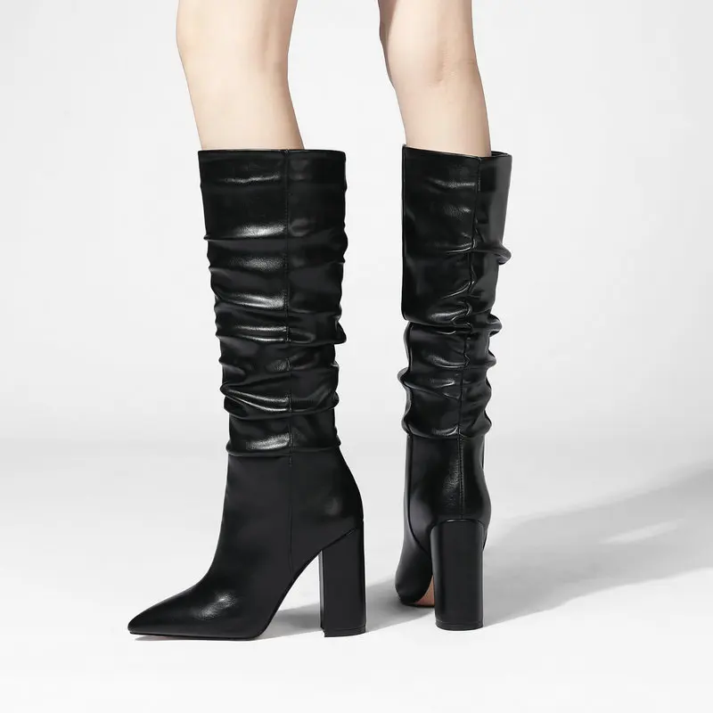 

2020 New Fashion Pleated Women Boots Faux Leather Knee High Boots Pointed Toe High Heel Long Boots Autumn Winter Ladies Shoes
