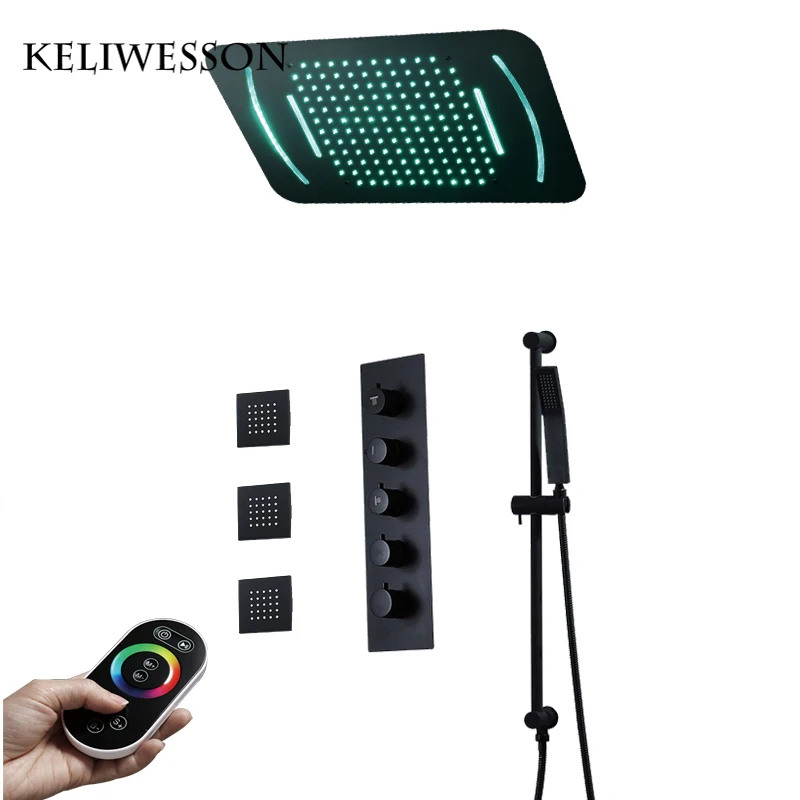 Черный душевой набор водопада светодиодный потолочный Душ термостатический