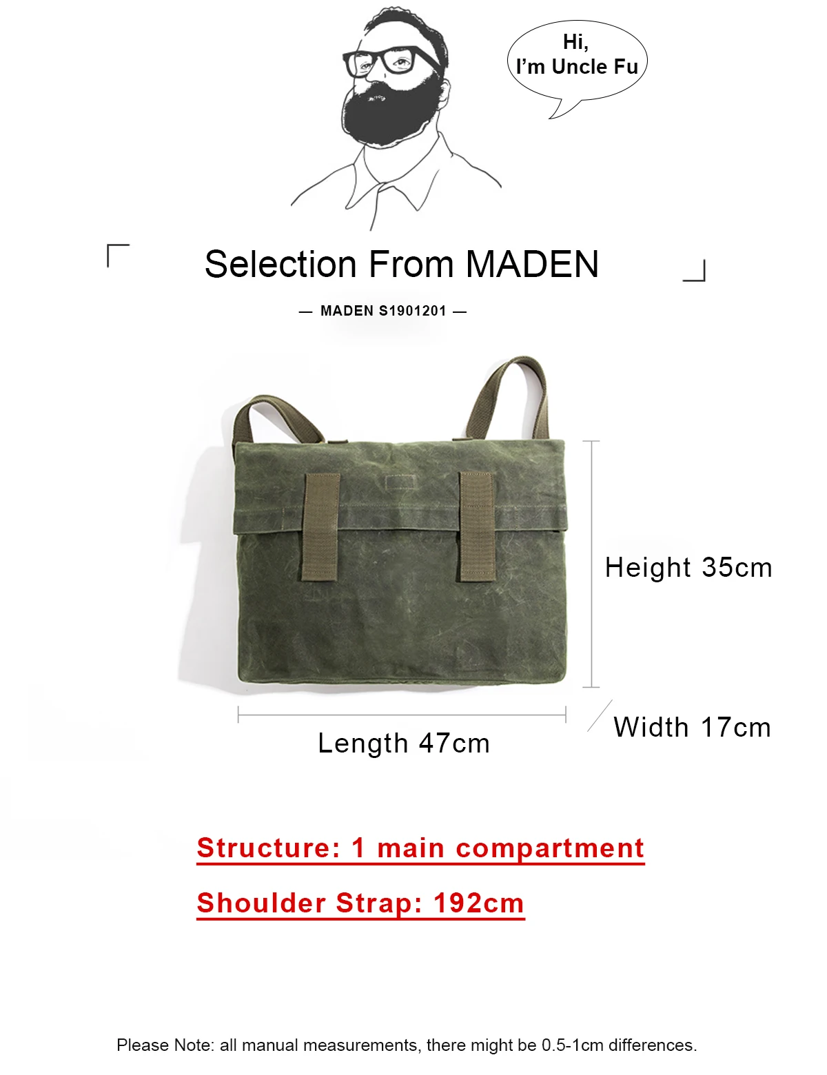 Maden Men’s Waxed Canvas Messenger Bag Crossbody Shoulder Bag Water Resistant Grey Green