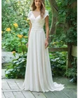 Платье невесты шифоновое, с V-образным вырезом, кружевное, с открытой спиной, до пола, для пляжа и свадьбы, размера плюс