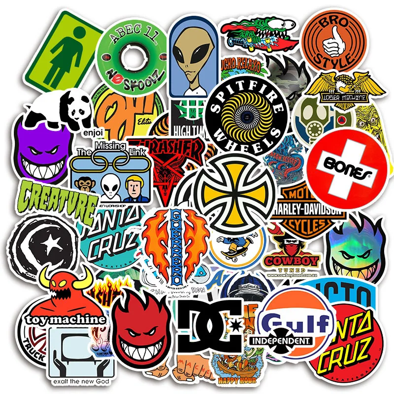 50 pcs skateboard fashion brand logo waterproof sticker for luggage car guaitar skateboard phone laptop bicycle stickers free global shipping