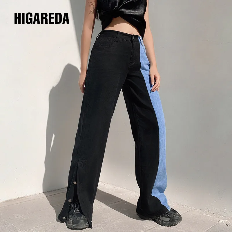 

HIGAREDA Разделение сбоку джинсы в стиле пэчворк женские повседневные Прямые синие джинсовые брюки, Капри Harajuku с высокой талией длинные брюки д...
