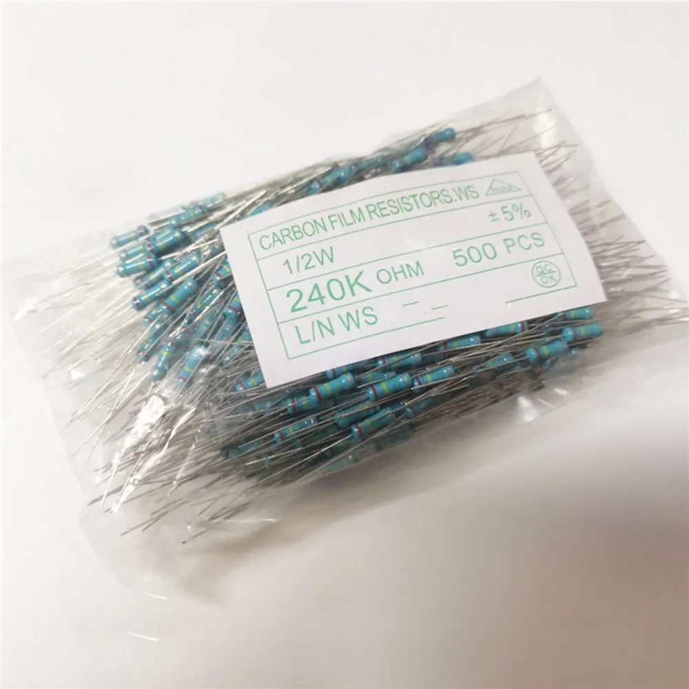 500 шт./лот карбоновый пленочный резистор 5% 1/2 Вт 0 5 1R 3R 10R 100R 220R 330R 1K 2 K 4 7 10K 22K 47K 100K 220K
