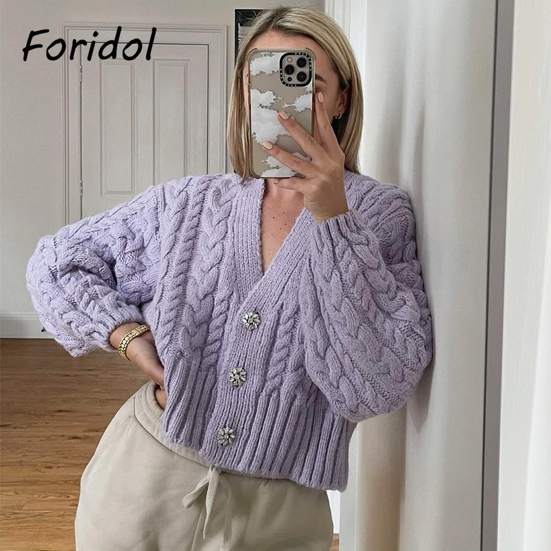 

Foridol Sequined Button Knitted Purple Cardigan Sweater Women Autumn Winter Oversized Short Vinatge Thick Twist Cardigan 2021