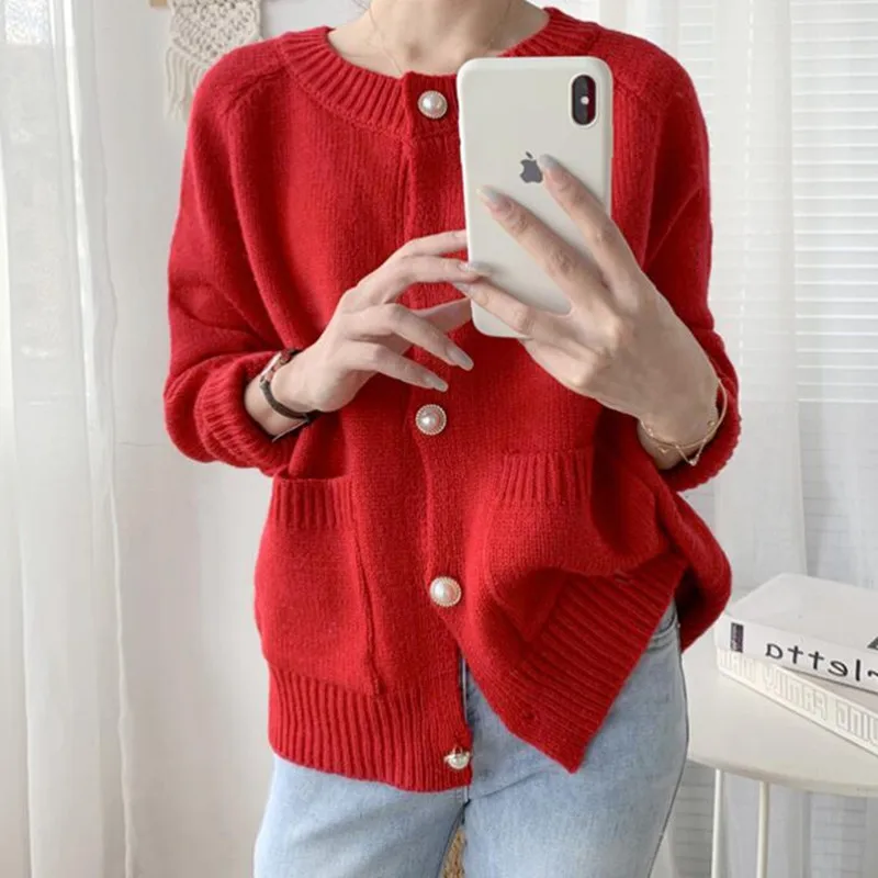 

Кардиган женский вязаный однобортный, с круглым вырезом, Осень-зима