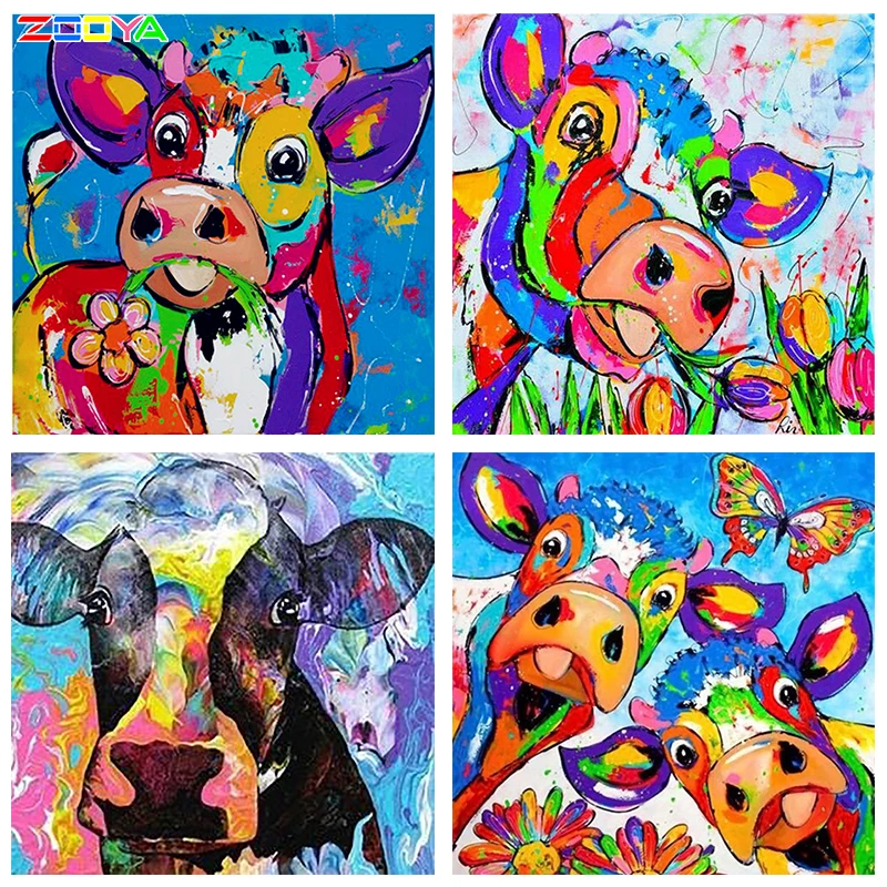 

Round Diamond Painting Cross-Stitch Kits Wall Sticker Diamond Embroidery Gifts Colored Cow Animals Pictures Of Rhinestones R1757