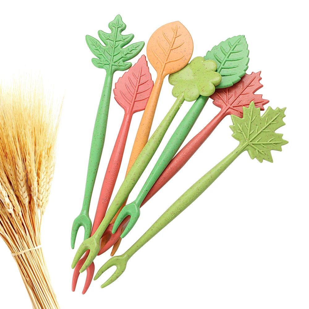 

Green Biodegradable Straw Leaves Fruit Fork Set Cake Salad Vegetable Forks Table Decor Tools 16pcs/set