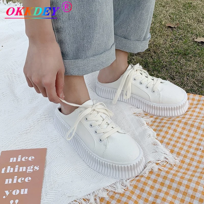 

2021 Fall New Women's Canvas Shoes Non-slip Muller Shoes Thick-soled Casual Shoes Pure Color Lace-up Sneakers Zapatos Mujer