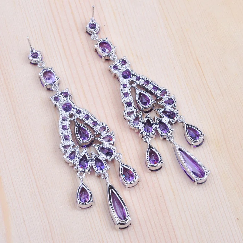 

Super Long AAA Cubic Zircon Jewelry Earring Purple Crystal Stud Earrings For Woman Wedding Party Gift