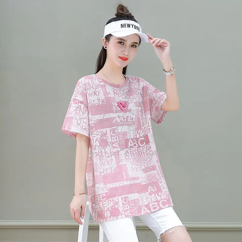 

100% Cotton Tie Dyed Short Sleeve T-shirt for Female 2021 Summer New Round Neck Medium Length Graffiti Print Top