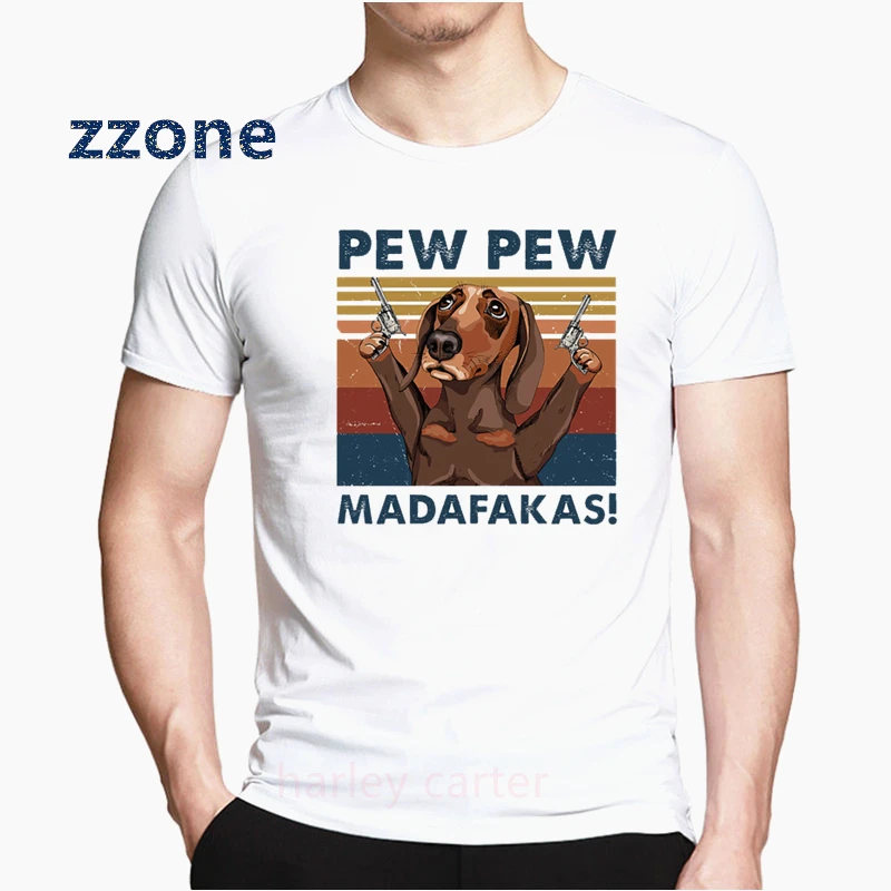 

2021 Pew Pew Madafakas Funny Shooting Cowboy Dachshund Classic Men T-Shirt Short Sleeve Dog Design Casual Tops Hip Hop Boy Tees