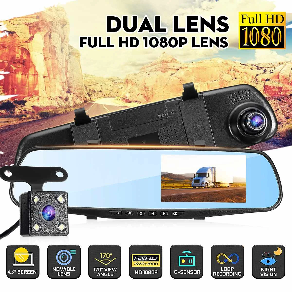 

4.3'' Full HD 1080P Car DVR Car Dash Camera Rearview Mirror Rear View Camera Dual Lens Dash Digital Video Recorder Loop video