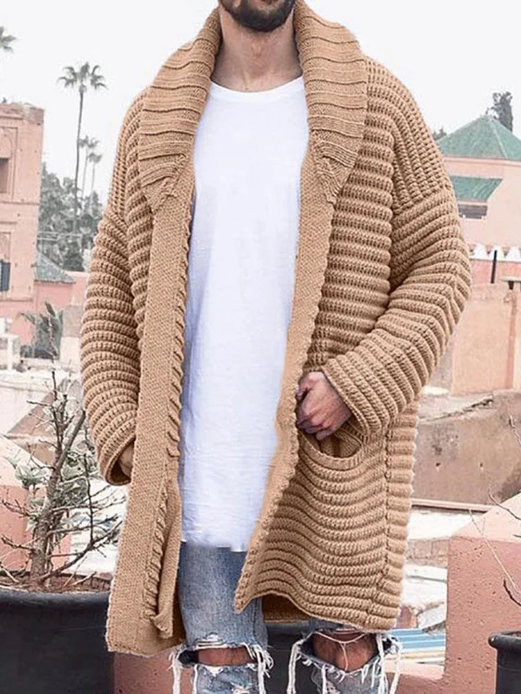 

Autumn Winter Men's Cardigan Knitted Medium Length Long Sleeve Lapel Pocket Solid Thicken Warm Sweater Casual Coat