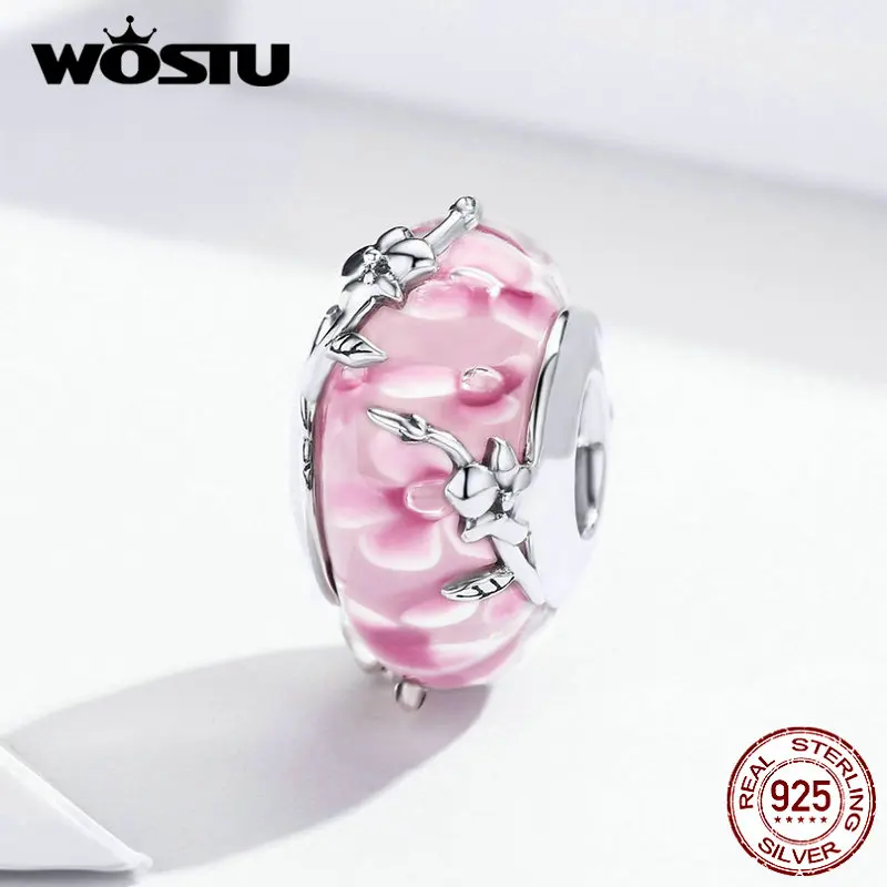 WOSTU Классический 925 пробы Серебряный Розовый стеклянный фаленопсис бисер подходит к оригинальному браслету горячая Распродажа ювелирные изделия CQC1281