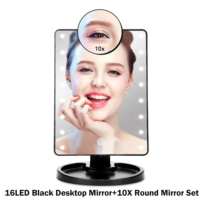 16 led black and 10X 22 светодиода Сенсорное зеркало для макияжа 1X 10X яркое регулируемое настольное увеличительное зеркало USB кабель или батареи инструменты для использования - Цвет: 16 led black and 10X