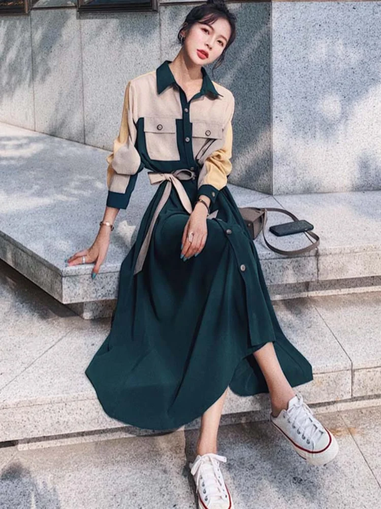 

ZHOUTAYLOR Woman Dress Fashion Femme Dresses Mid-Calf Turn-down Collar Summer Full Sleeve Single Breasted Female Vestidos S0237