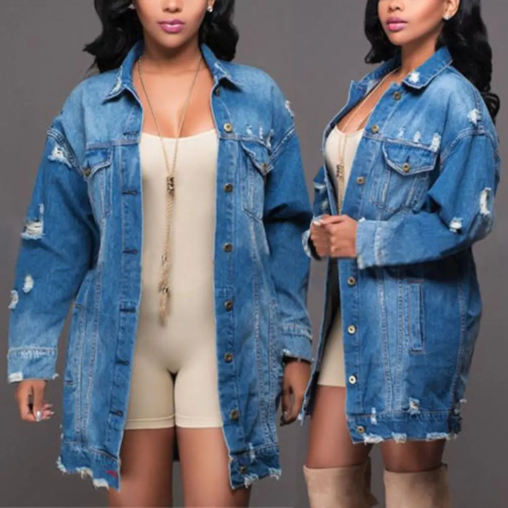 Женская длинная джинсовая куртка Modis Готическая рваная синяя плащ с дырками