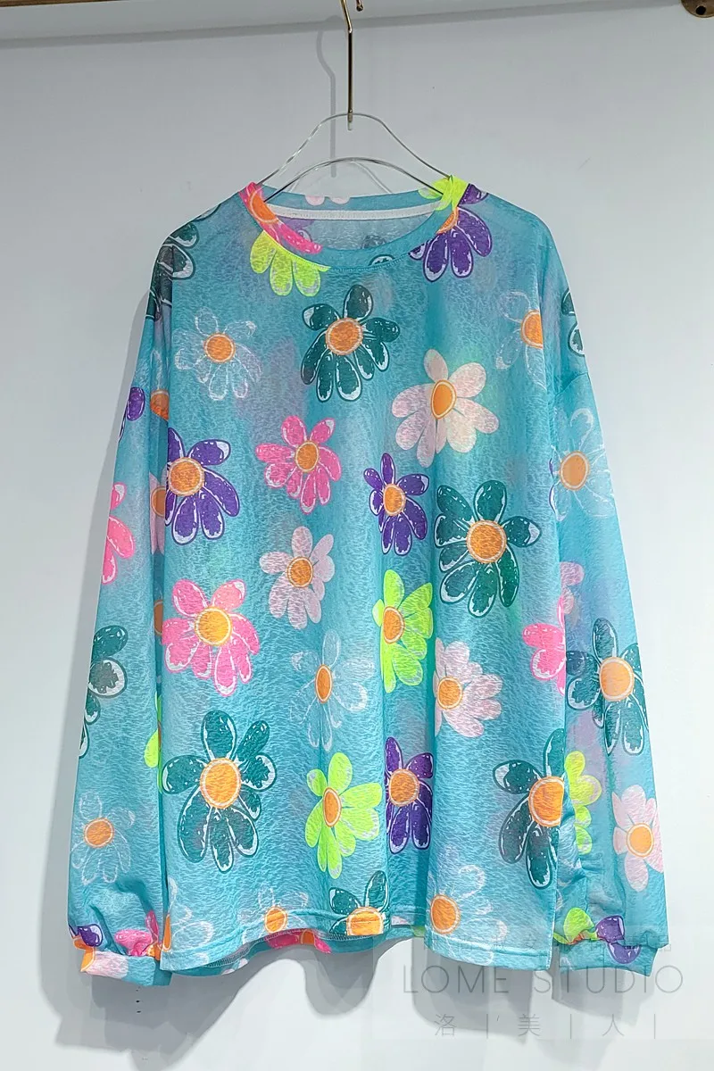 

Spring Women Fashion Loose Thin Long-Sleeved T-shirt for Lady Colorful Flowers Print Round Collar Sun Protection Top