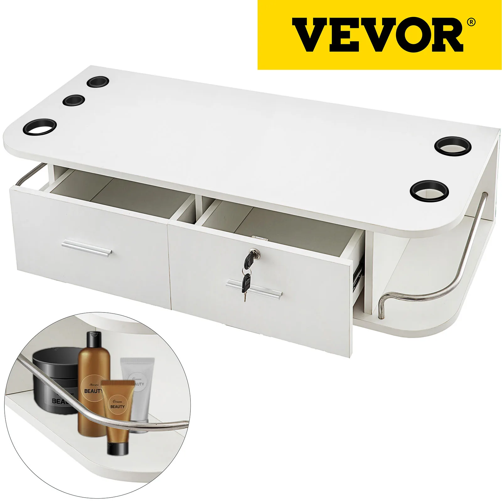 

VEVOR White Wall Mount Styling Station Classic Locking 2 Drawers Storage Beauty Salon Container 5 Hair Dryer Holes Locking Cabin