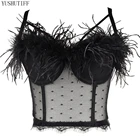 Майка женская кружевная прозрачная, пикантный укороченный топ с перьями, однотонный топ со встроенным бюстгальтером с чашками пуш-ап, бюстье без косточек