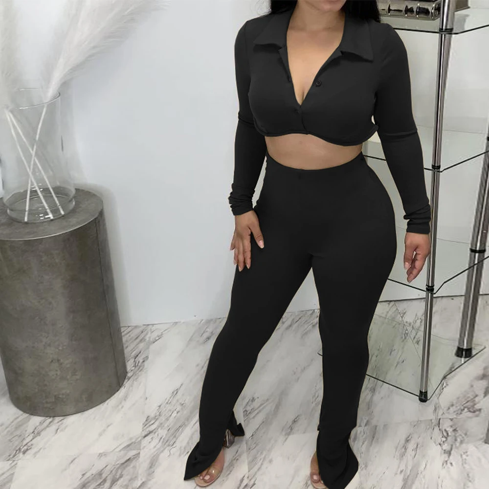 

Autumn Winter Solid Thicken Fabric Two Piece Tracksuit Women Turn Down Collar Long Sleeve Crop Top+split Hem Bell Bottom Pants