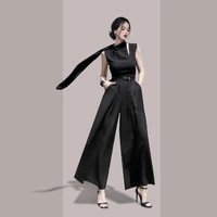 summer ladies sleeveless black jumpsuit slim high waist straight jumpsuit with belt ol overalls woman outfit korean clothing