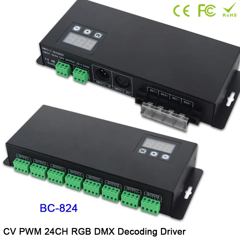 

BC-824 DC5V-24V 24 CH DMX512/1990 signal decoder driver 3A*24CH with display shows RGB DMX512 controller for led light